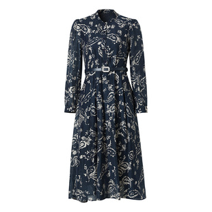 海青蓝 秋冬连衣裙女新款轻奢高级感2025年女装印花中长款裙子