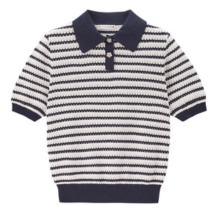 设计师款佐丹奴女装新款金线棉条纹撞色POLO领短袖针织衫18354906