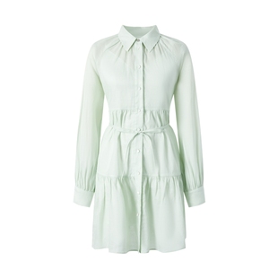 摩萨克春法式抽褶甜美通勤收腰浅绿色衬衫连衣裙女