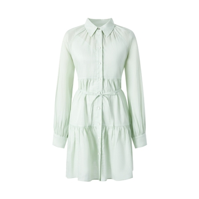 苎麻抽褶甜美收腰浅衬衫连衣裙