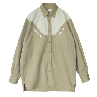 FERMENTEDSHIRT/秋季卡其色拼接设计宽松宽大版长袖衬衫休闲