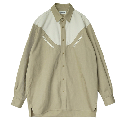 尖领长袖休闲复古拼接设计衬衫