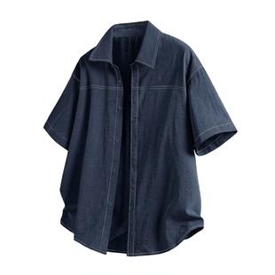 WASSUP美式复古牛仔衬衫男士春夏季新款牛仔翻领衬衣外套上衣男装