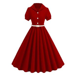 法式复古酒红色连衣裙赫本优雅气质大摆港风度假演出礼服女夏长裙