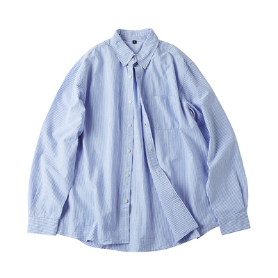纯棉牛津纺蓝白条纹衬衫长袖衬衣
