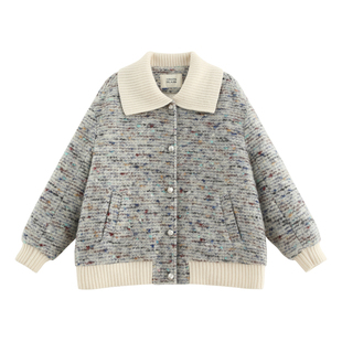 【银莲】高定彩纱马海粗花呢+90白鹅绒翻领拼接小香羽绒服外套508