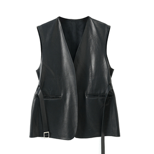 欧货高级感山羊皮鹿纹真皮西装收腰2025新款中长款马甲女无袖皮衣