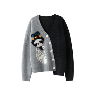 启超好喜欢萌翻了~加厚100%纯山羊绒衫女不规则手工小兔开衫外套