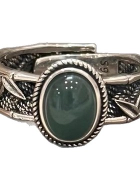 新中式绿水菠菜绿玉髓戒指女款复古做旧竹叶浮雕宫廷风活口可调节