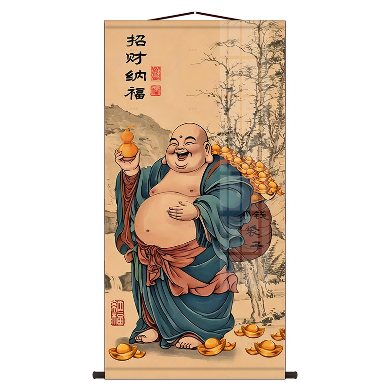 大肚弥勒佛丝绸挂画笑面佛福运客国画