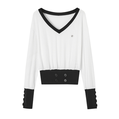 ACMEAURA极简风V领长袖T恤女黑白撞色边纽扣装饰百搭慵懒风上衣女