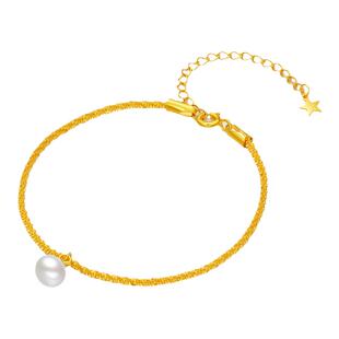 六桂福珠宝S925银黄金色镀金淡水珍珠满天星银手链新年情人节礼物