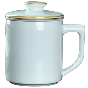 景德镇陶瓷水杯泡茶杯子茶水分离杯过滤大办公杯青色带盖陶瓷杯