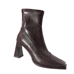 真皮版~粗跟高跟鞋方头短靴女2025新款秋冬增高棕色弹力瘦瘦靴子