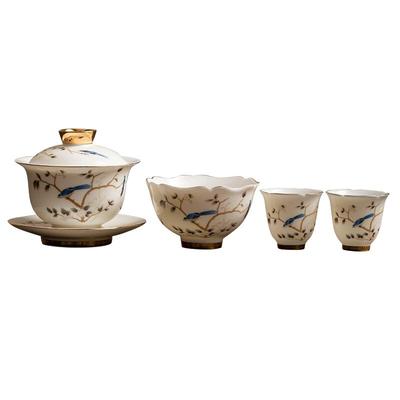 羊脂玉瓷描金喜上眉梢三才盖碗功夫茶具新款家用办公茶杯套装专用