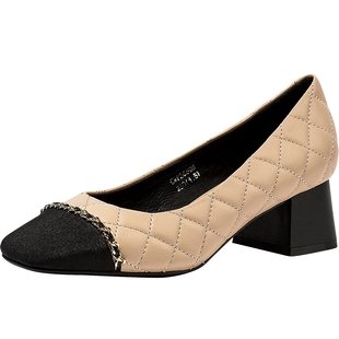 CDF秋款真皮晚晚风温柔气质名媛小香风粗跟单鞋方头仙女鞋高跟鞋