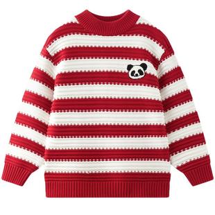 MQD童装男童红色毛衣儿童针织衫2025冬装新款条纹保暖新年毛衣