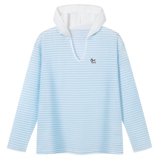 PSO Brand女装天丝莱赛尔薄款V领条纹连帽长袖T恤女宽松罩衫上衣