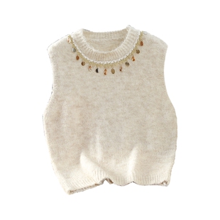 她池针织马夹2026春装新款女装叠穿圆领套头贝壳挂坠装饰短款马甲