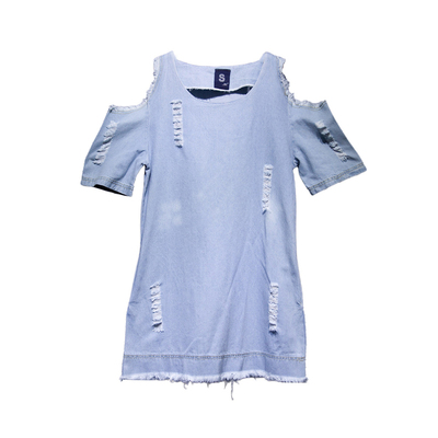 夏季辣妹风一字领露肩牛仔连衣裙