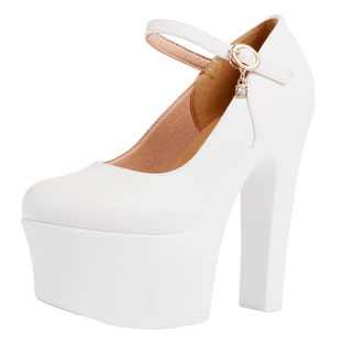 模特专用旗袍走秀粗跟不累脚白色高跟单鞋女士一字扣带女款妈妈鞋