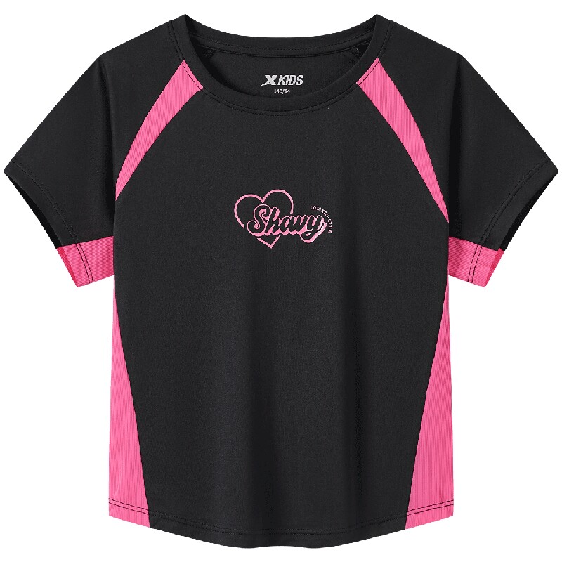 特步童装儿童拼接短袖T恤夏季新款女童运动上衣服大童时尚速干短t