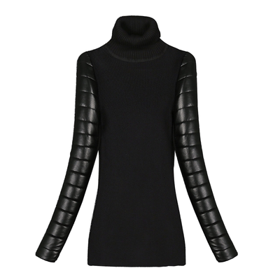 PU皮袖加厚打底衫配皮草羽绒马甲夹棉袖子内搭修身针织毛衣女秋冬