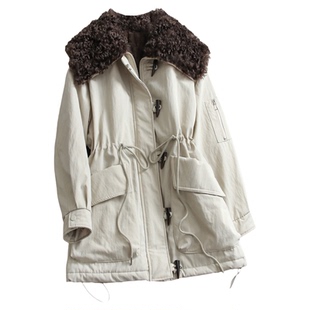 仿羊羔绒大翻领加绒加厚抽绳收腰中长款派克服保暖外套女风衣Q322