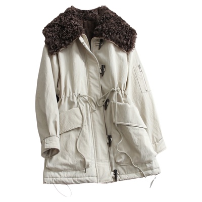 仿羊羔绒大翻领加绒收腰长款风衣