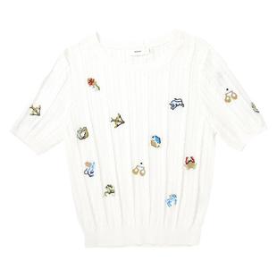 HONRN/红人白色条纹提花短袖圆领棉针织衫上衣女春秋HI11OM531