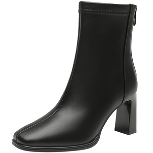 大东2025冬季新款女鞋时尚优雅时装靴方头中筒后拉链内增高女靴子