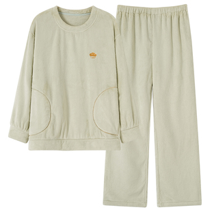 芬腾可安秋冬季保暖珊瑚绒睡衣女款冬天加绒法兰绒家居服套头加厚