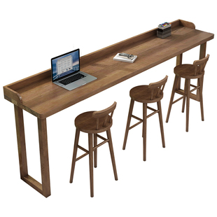 全实木吧台桌带挡板家用窗前长条桌窄桌餐桌阳台简约高脚桌椅组合