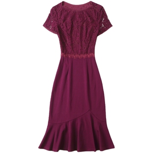 紫色镂空蕾丝连衣裙女夏长袖2025春夏新款宴会礼服修身包臀鱼尾裙