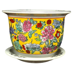 景德镇陶瓷花盆钵纯手工绘制粉彩百蝶 带托盘花器家居酒店土培盆