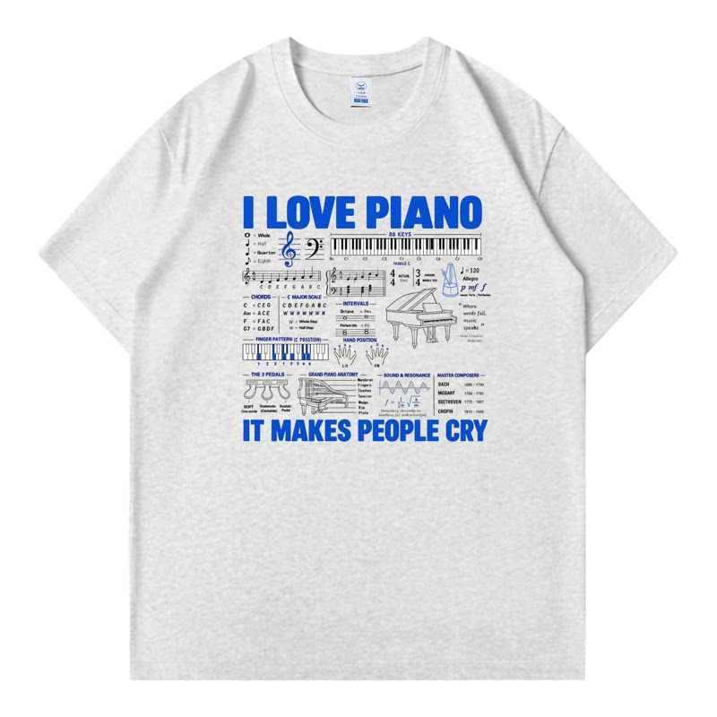 I LOVE PIANO 我爱弹钢琴T恤夏季潮流休闲短袖男女生宽松纯棉上衣