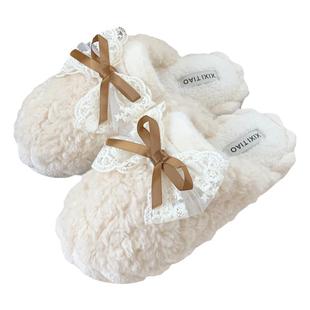 细细条 情侣棉拖鞋秋冬季男女士时尚家居保暖韩版蝴蝶结毛毛鞋ins
