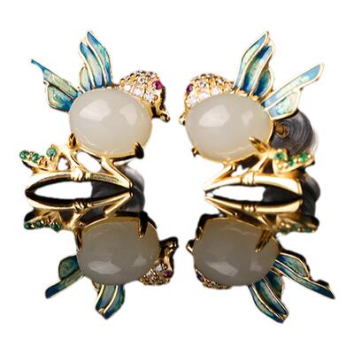 七彩云南和田玉耳饰银镶嵌