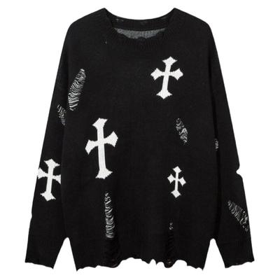 十字架提花破洞做旧针织衫毛衣