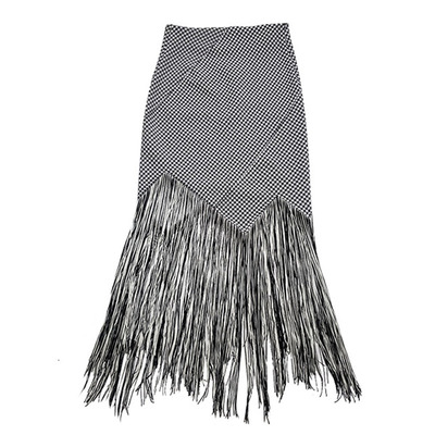 明星杨幂同款包臀高腰格子流苏裙