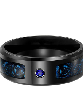 蓝色碳素纤维镶钻龙纹钛钢男戒