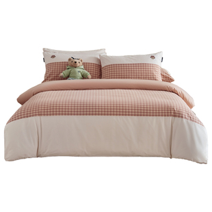 TeenieWeenie粉色纯棉四件套全棉色织水洗棉格子被套罩1.8m床笠款