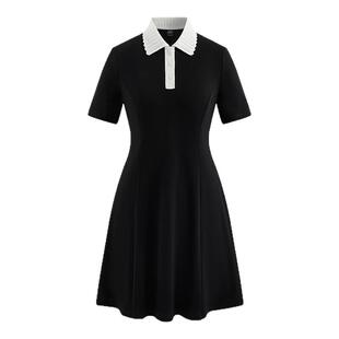A21女装高腰修身显瘦连衣裙学院风翻领撞色短袖A字裙气质收腰显瘦