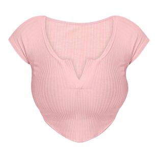 图图小有名气藕粉色小个子开筒t恤上衣弹力短袖坑条短袖2024新款