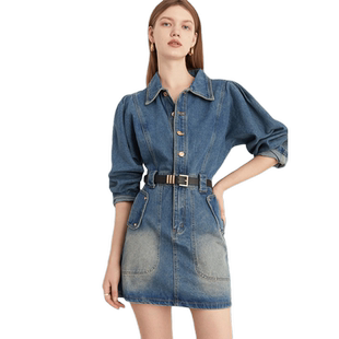 DPLAY初春复古牛仔连衣裙女工装牛仔裙A字牛仔长袖小个子短裙