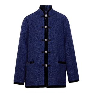 TRACYCHU深蓝混羊毛创意新中式大轮廓休闲外套百搭时尚款春季新款