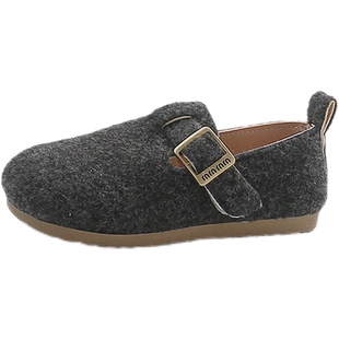 儿童毛呢勃肯鞋2026春季新款软底男童豆豆鞋韩版公主风女童小皮鞋