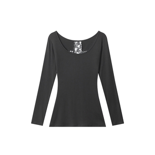 F383 美式复古辣妹后背蕾丝镂空修身长袖t恤女收腰显瘦内搭打底衫