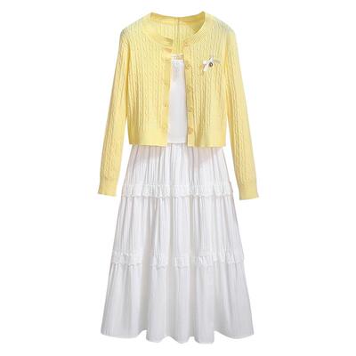 针织开衫吊带白色蛋糕蕾丝半身裙