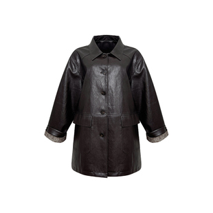 NAZ那子大码秋装金属丝PU皮高级松弛感胖mm复古宽松撞色拼接外套